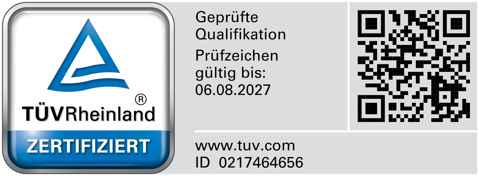TÜV Rheinland Prüfzeichen für Patrik Garten als zertifizierten AI Consultant · gültig bis 06.08.2027 · ID 0217464656